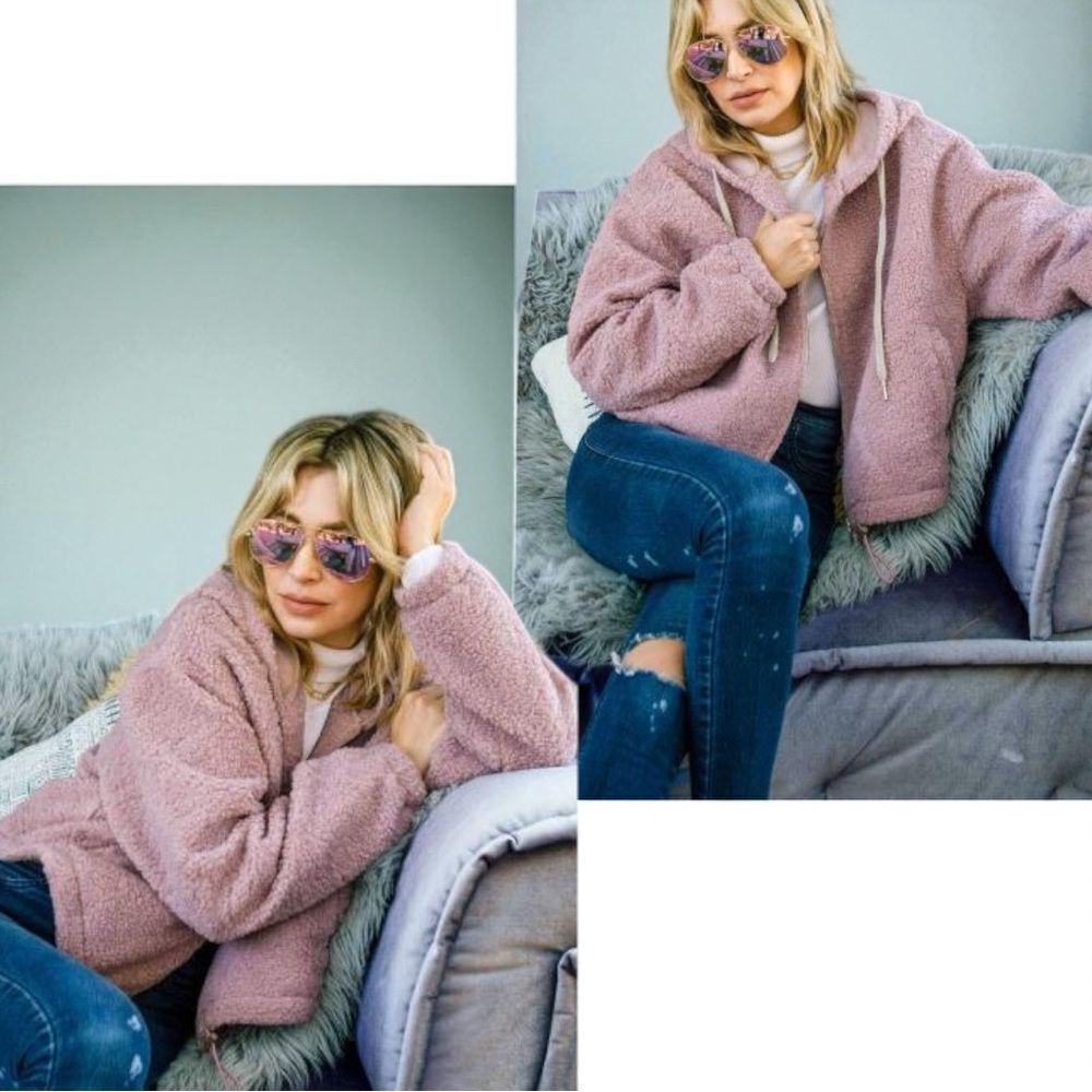 Dusty Pink Sherpa Drawstring Cropped Hooded Jacket Large NWT - And The Why - Picture 5 of 17